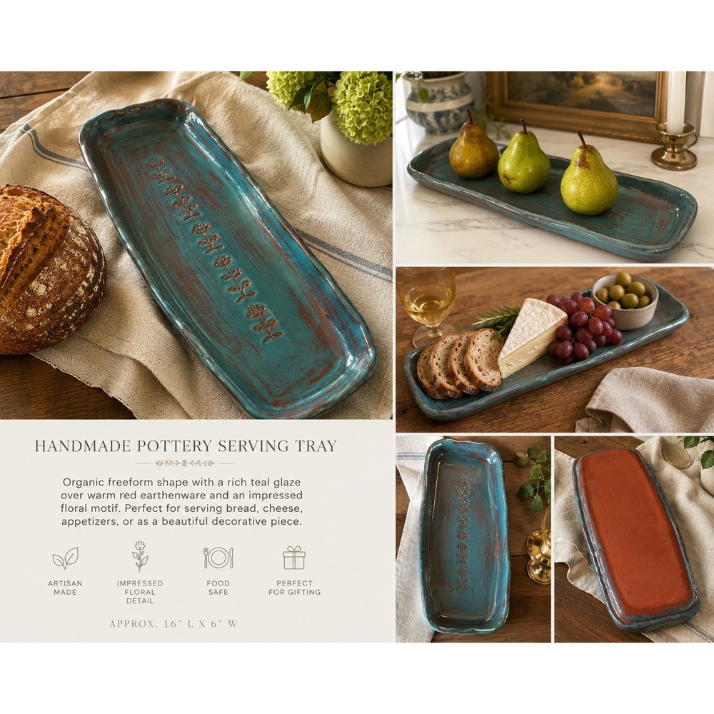Handmade Pottery |Serving Tray | Teal | Glazed | Floral Earthenware  Rectangular